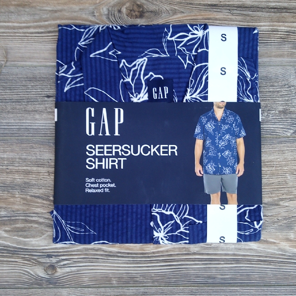 New Gap Seersucker Short Sleeve Striped Hawaiian Print Button Up Shirt